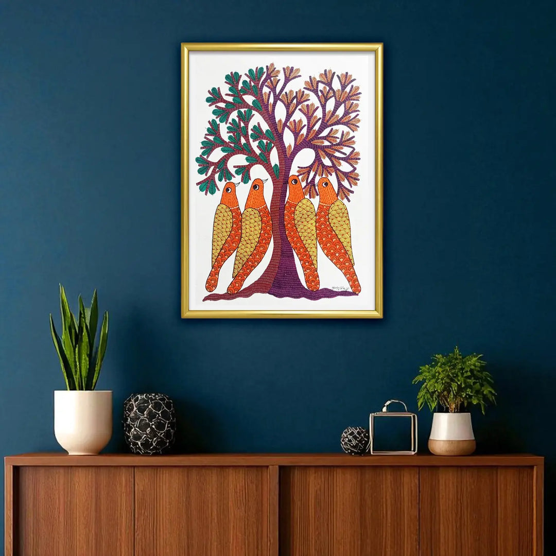11 x 16 Inch | Birds & Tree | Original Hand Painted Tribal Gond Art Painting | Acrylic Paint On Paper