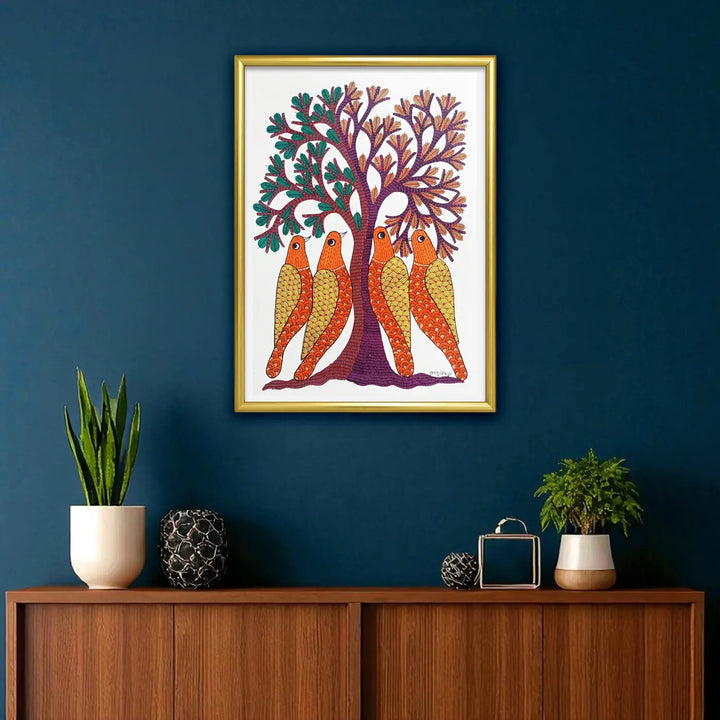 11 x 16 Inch | Birds & Tree | Original Hand Painted Tribal Gond Art Painting | Acrylic Paint On Paper