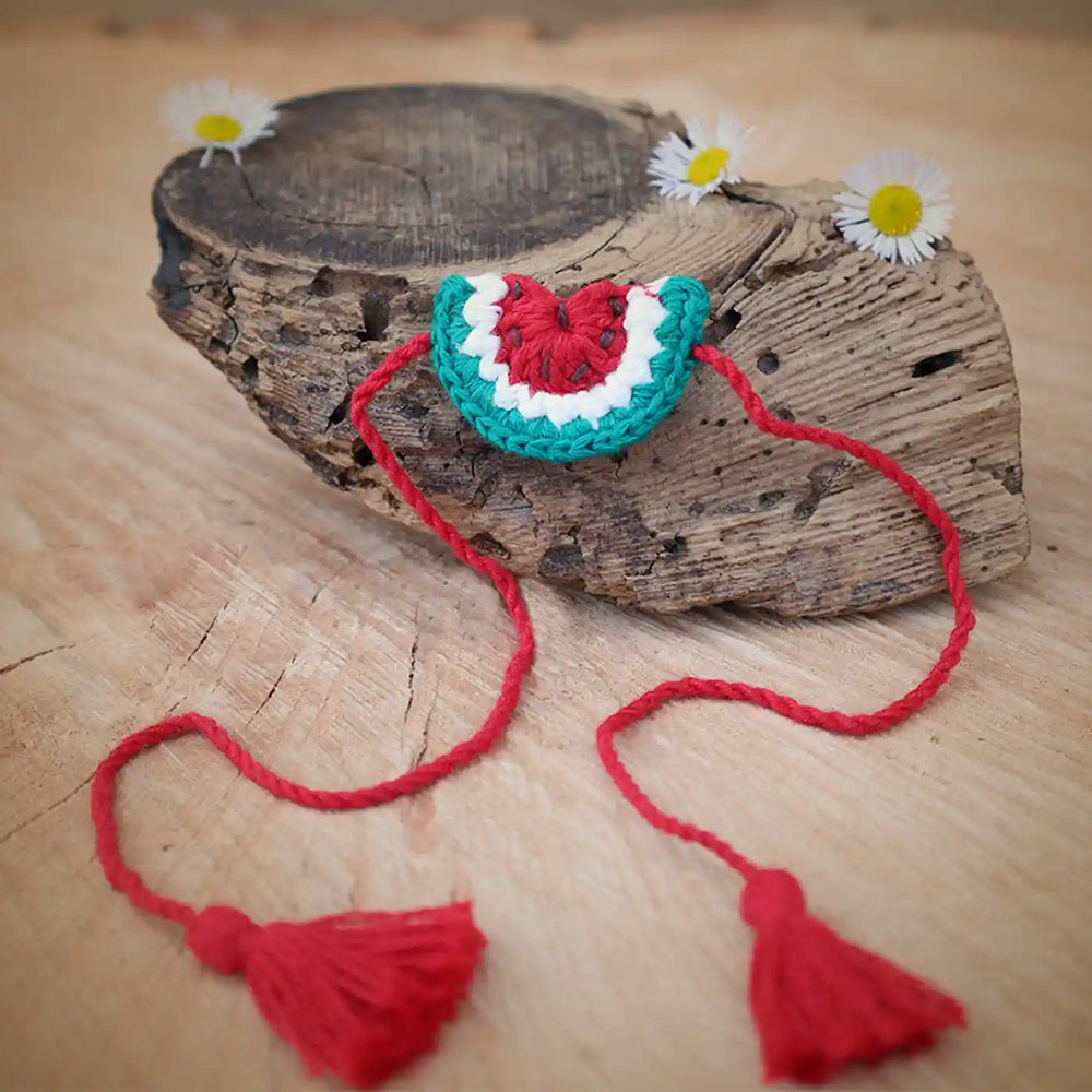 Handmade Crochet Watermelon Theme Kids Rakhi And Toy Combo With Roli Chawal Set Of 2 - Single Watermelon Crochet Piece with Tassels