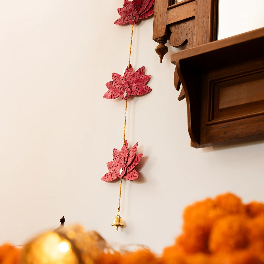 Lotus & Mirror Embellished Eco-Friendly Handmade Woven Bamboo Hanging | 45 Inch x 2 Inch | Set Of 2