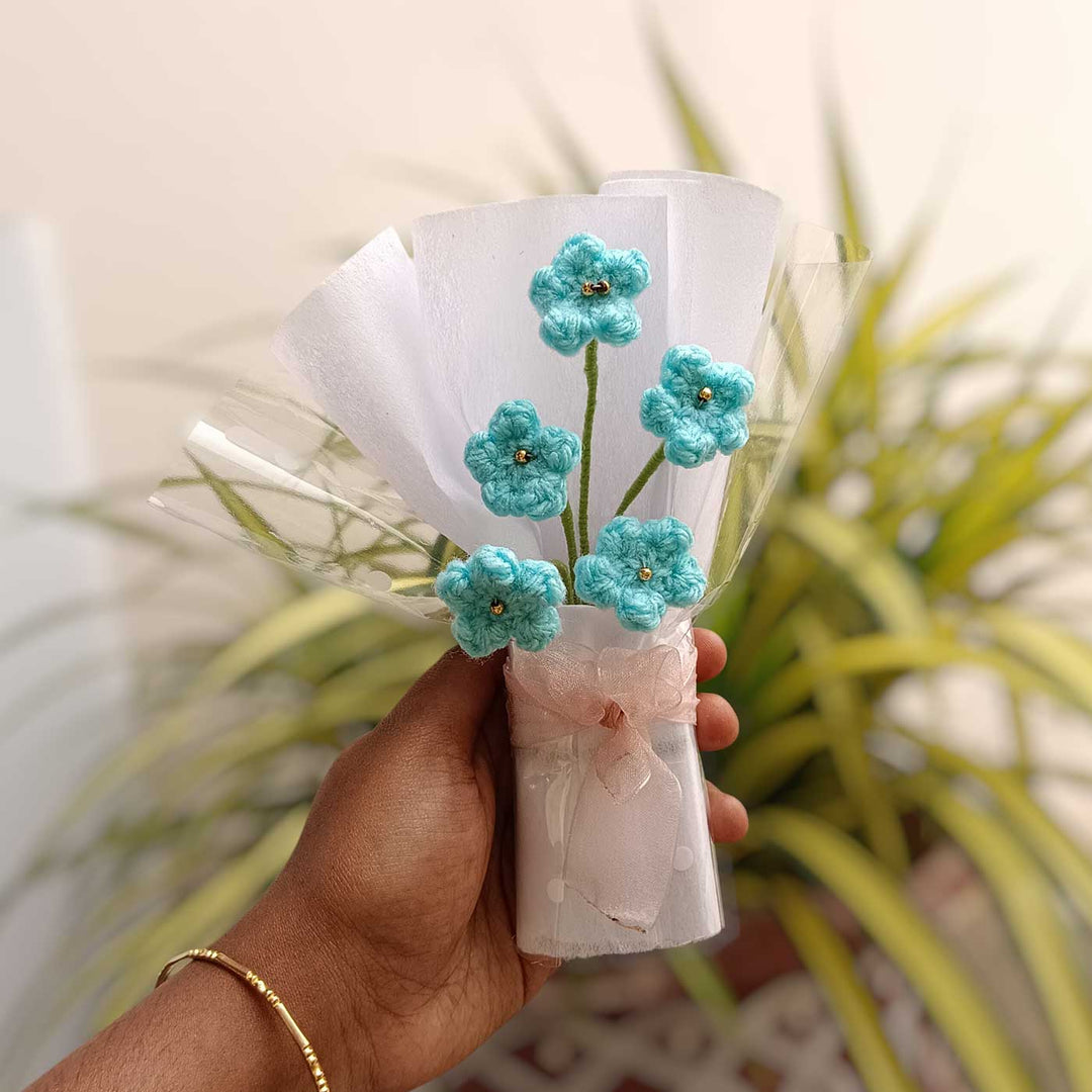 Handmade Crochet Blue Blossom Mini Flower Bouquet | Includes Photo & Greeting Card
