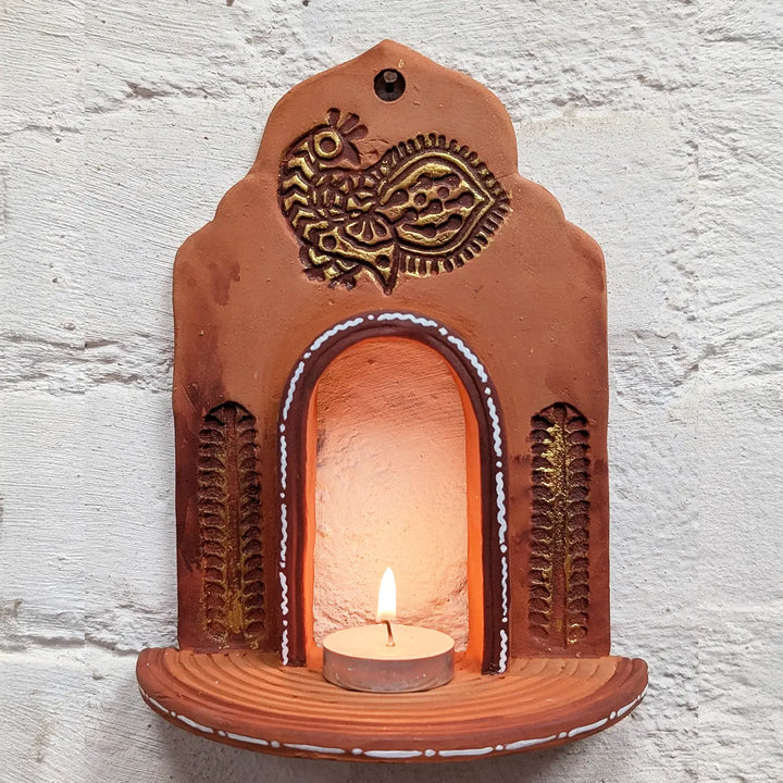 Hand-Painted Peacock Motif Natural Terracotta Tealight Holder