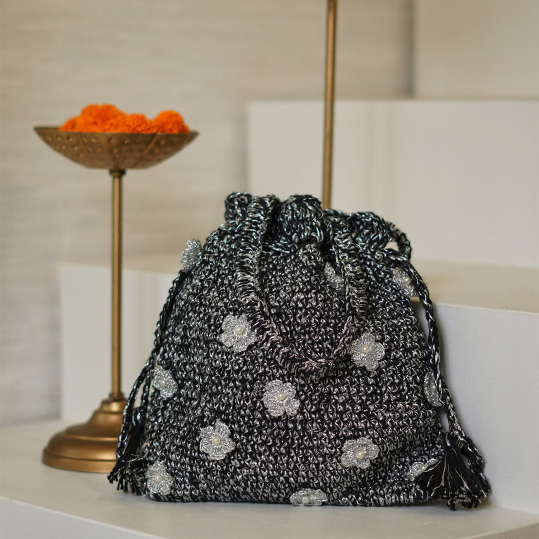 Handmade Crochet Floral Silver Sprinkle Potli