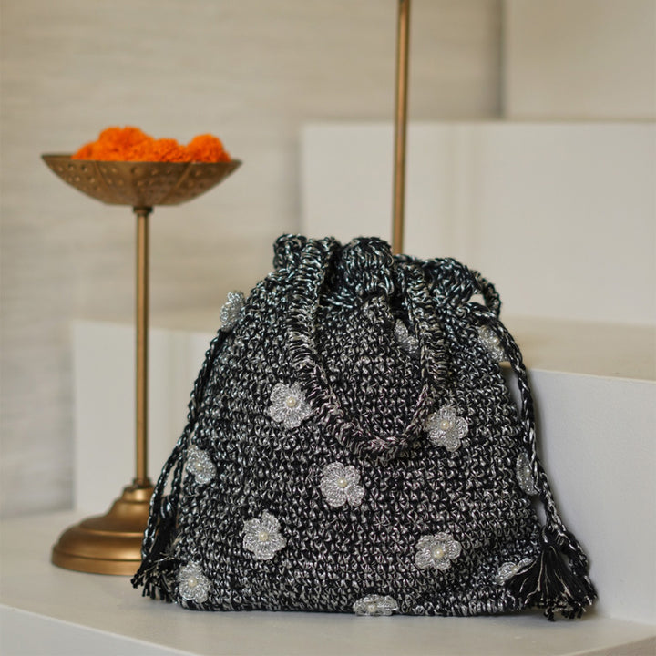 Handmade Crochet Floral Silver Sprinkle Potli