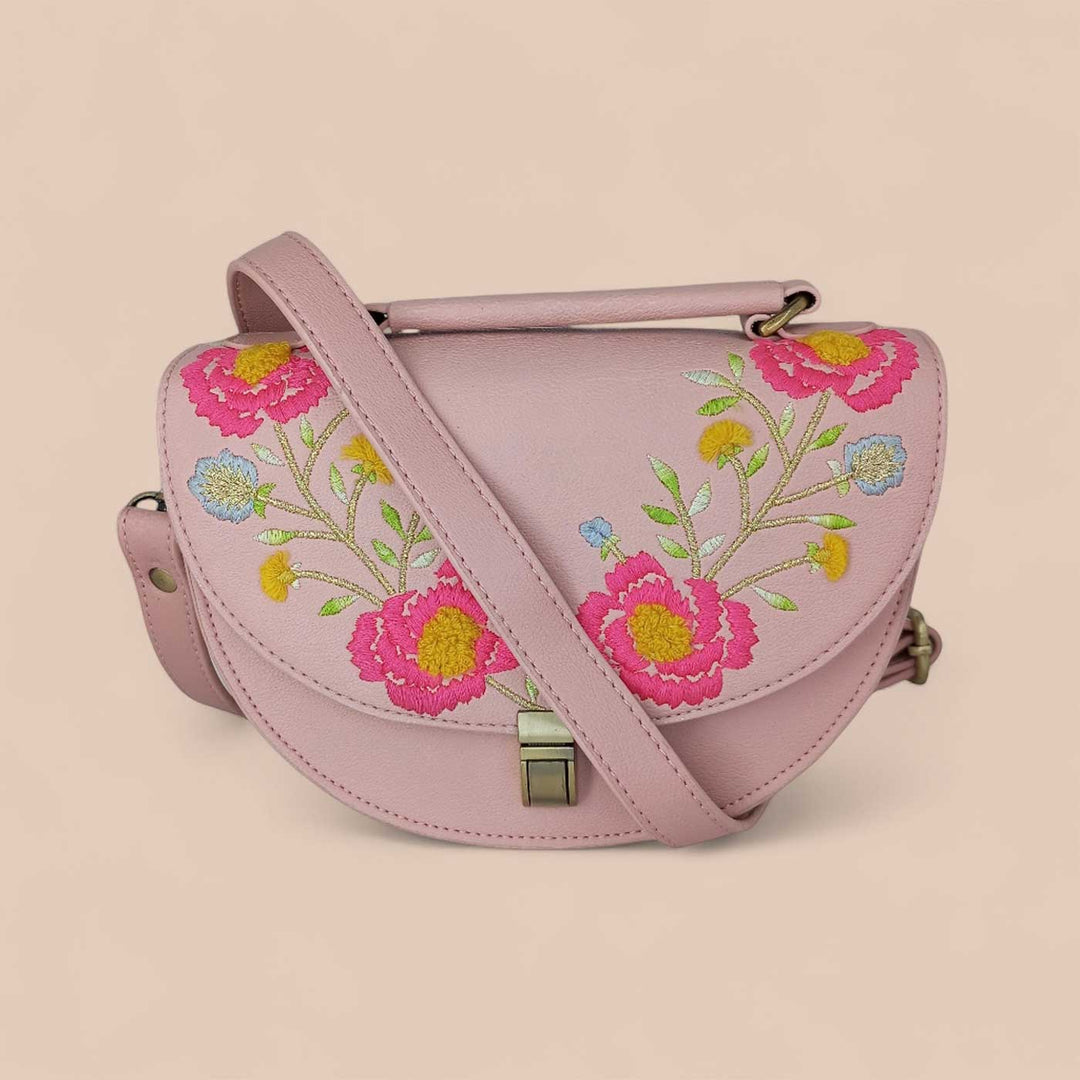 Handmade Embroidered Flower Design Peach Rexine Sling Bag