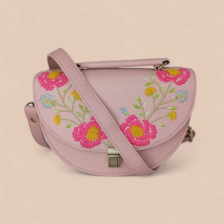 Handmade Embroidered Flower Design Peach Rexine Sling Bag