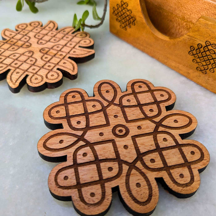 2 pc | Engraved Mahogany Wood Floral Kolam Coasters With Holder For Coffee Table & Dining Decor
