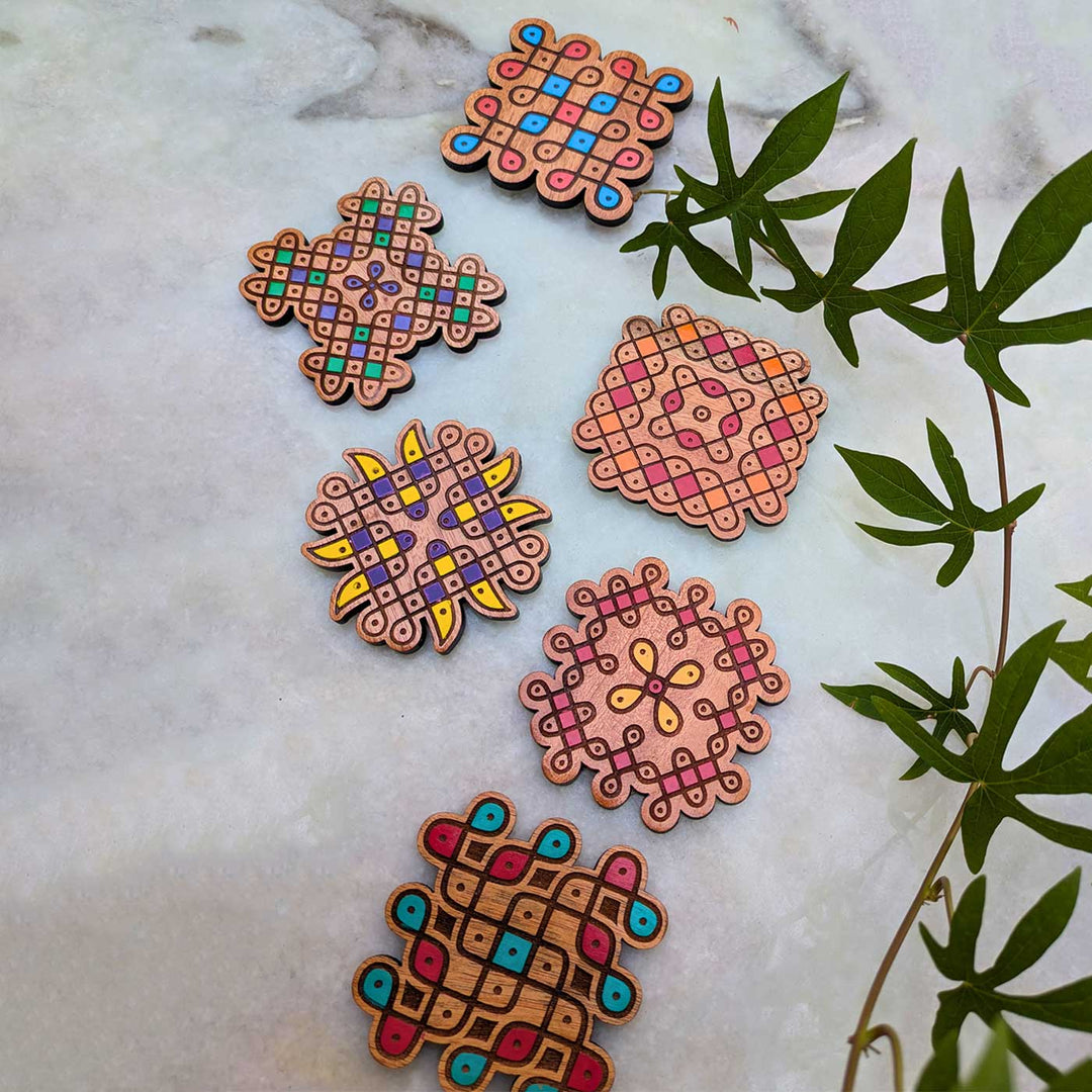 6 pc | Hand-Painted Engraved Mahogany Wood Kolam Coasters For Coffee Table & Dining Decor