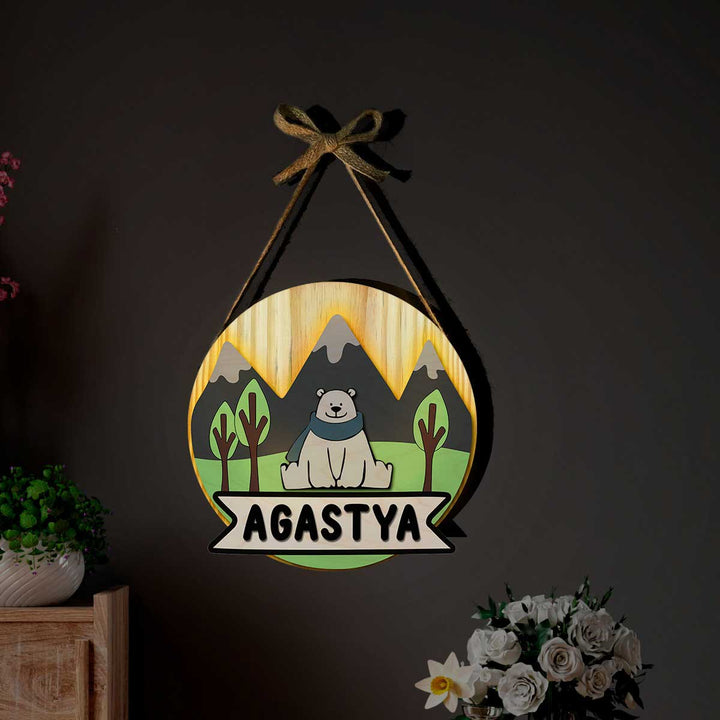 Kids Circular 3D Bear Themed Nameplate With Lights - Hanging Front View with Name Display