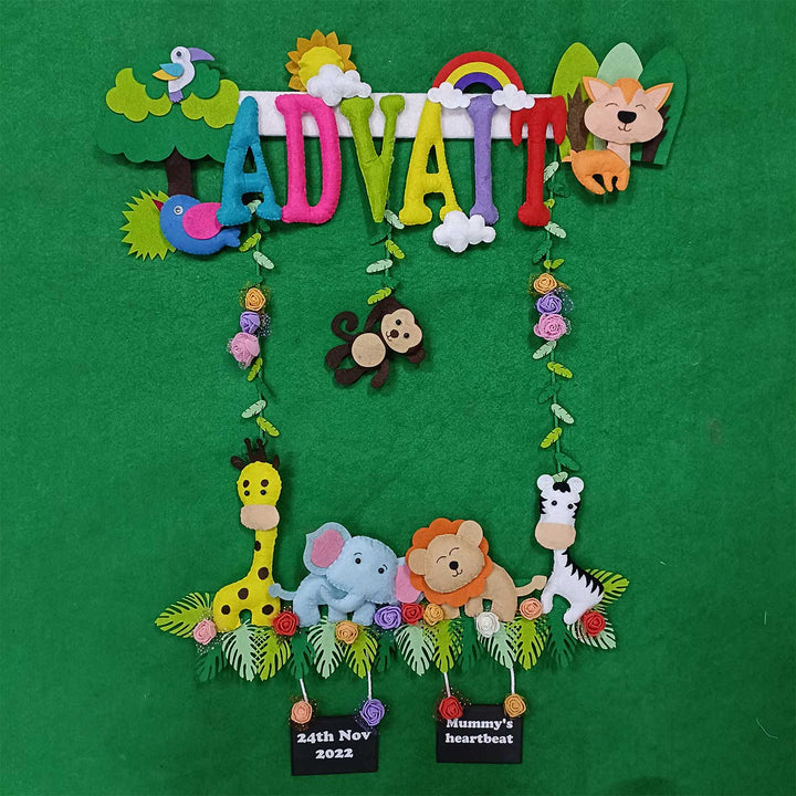 Personalized Handmade Animal Kingdom Felt Kids Name Plate - Front View Hanging with Name Personalization