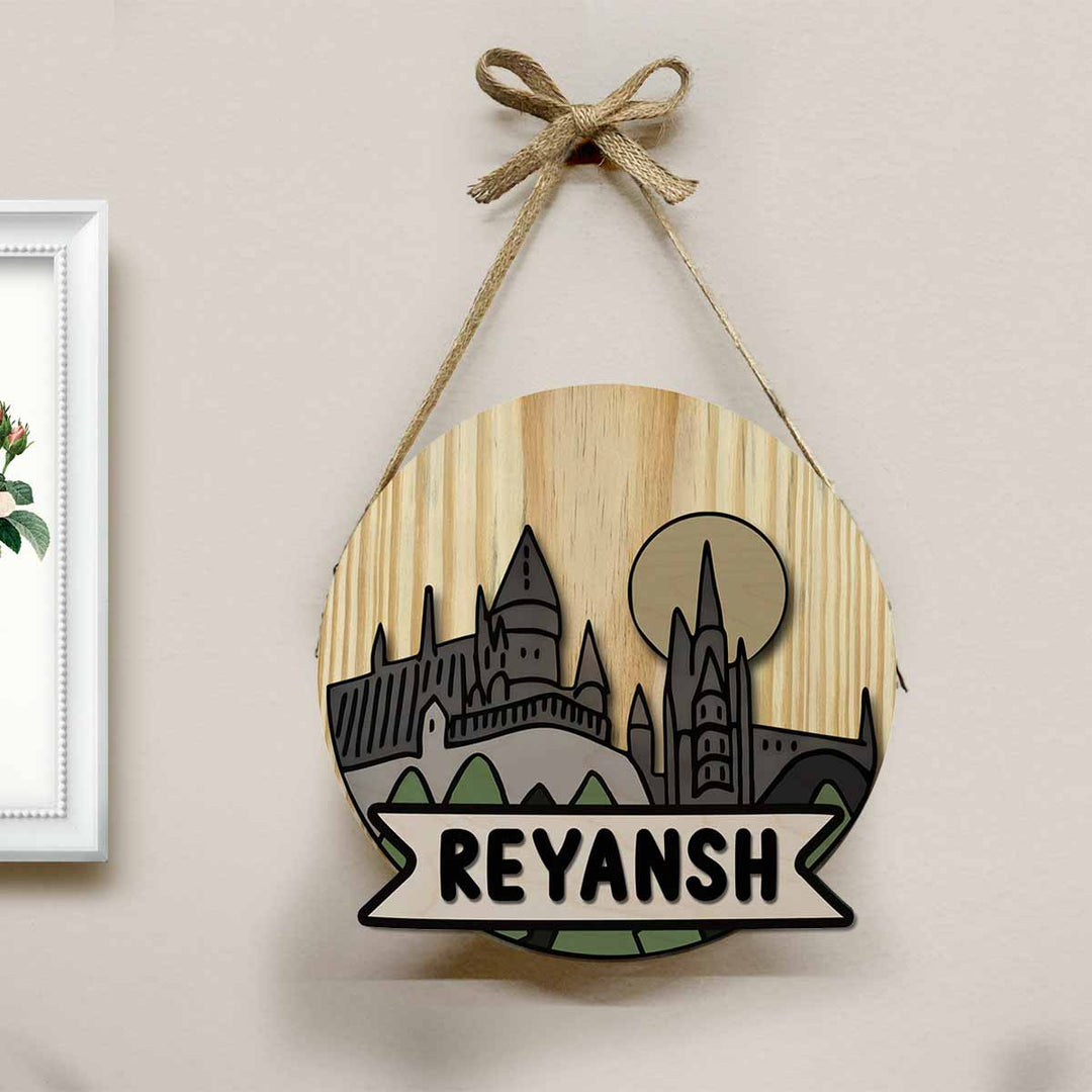 Kids Circular 3D Hogwarts Themed Nameplate With Lights - Hanging on Wall with Rope