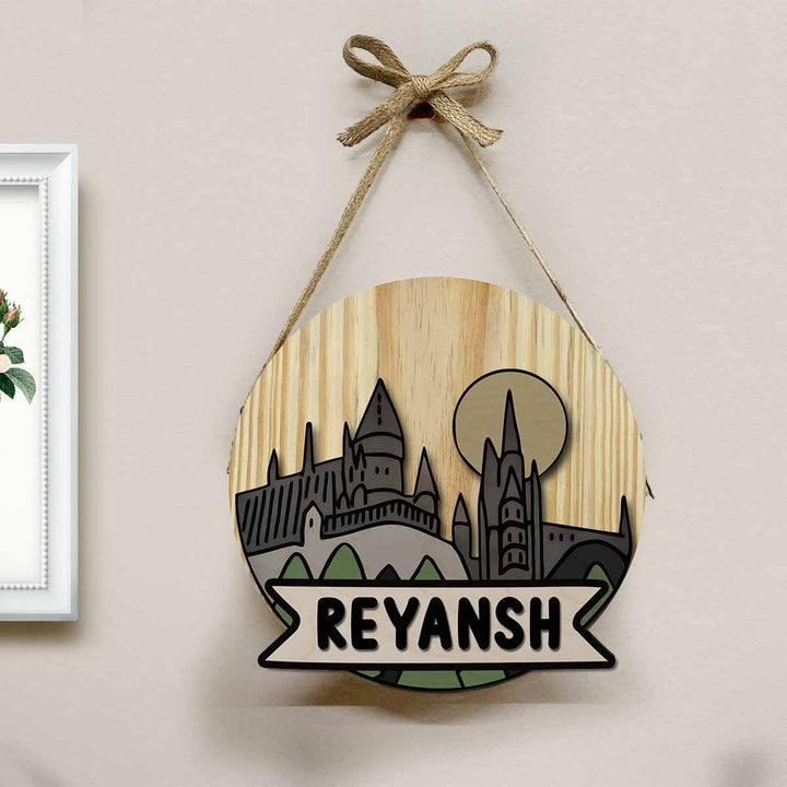 Kids Circular 3D Hogwarts Themed Nameplate With Lights - Hanging on Wall with Rope