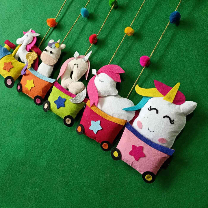 Handcrafted Personalized Felt Name Plate for Siblings | Unicorn Train with Balloons