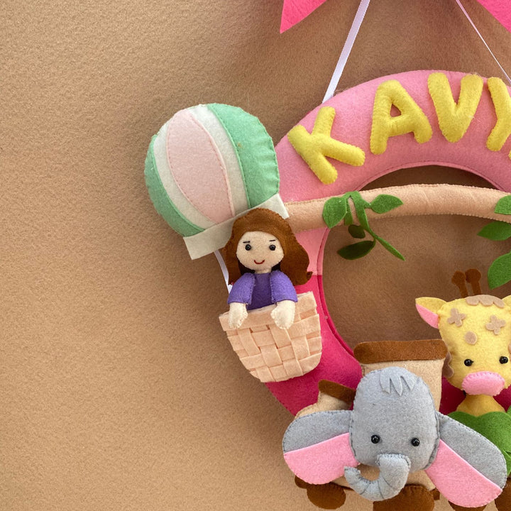 Personalized Kid's Jungle Themed Round Felt Nameplate for Girls