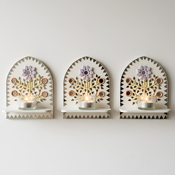 Hand-Painted Mirror Work Bageecha Floral MDF Wood Tealight Holder