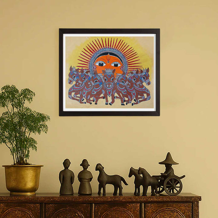 36 x 30 Inch | Seven Horse & Sun | Original Hand Painted Madhubani Painting | Acrylic Paints On Canvas