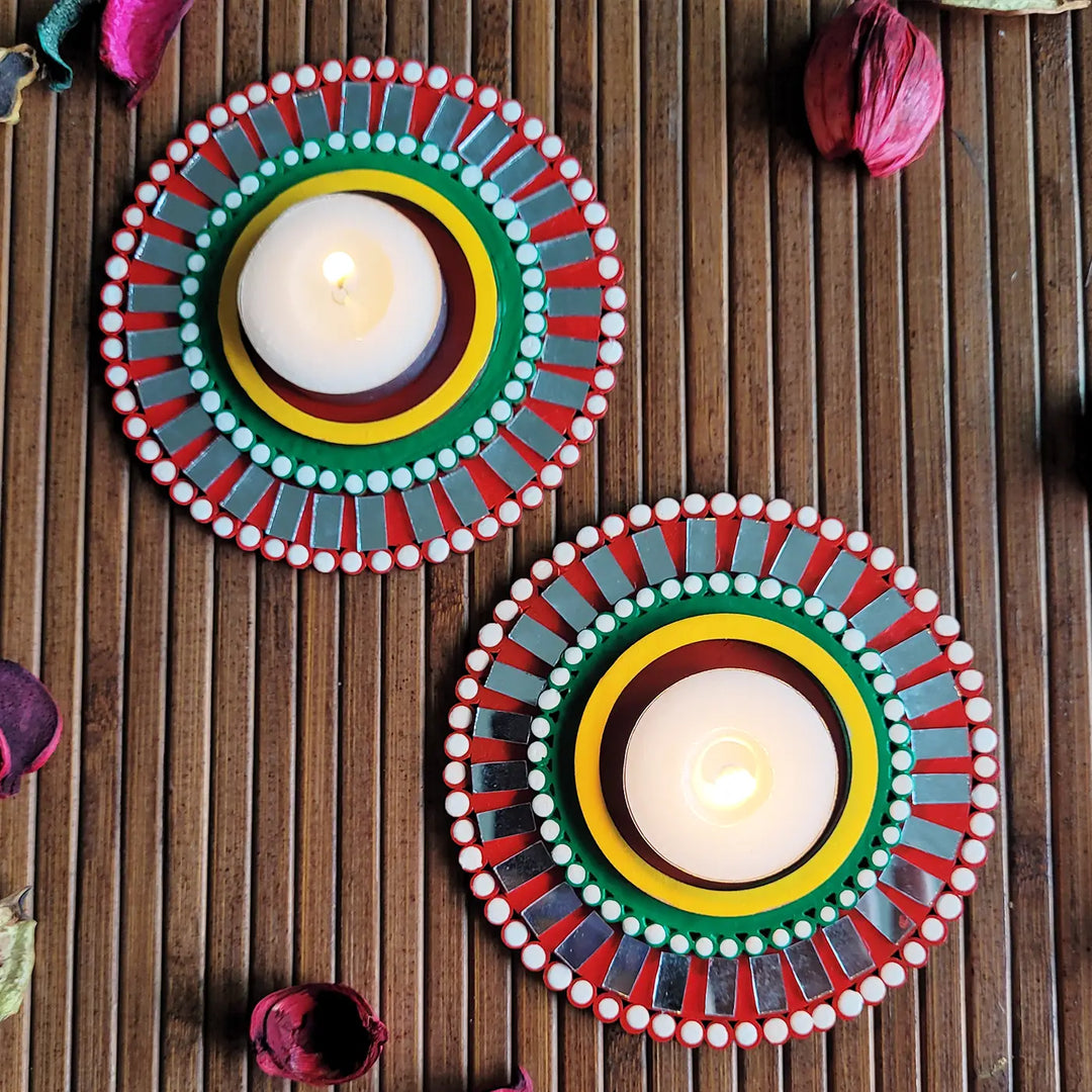 Hand-Painted Mirror Work Round MDF Wood Tealight Holder | Set Of 2