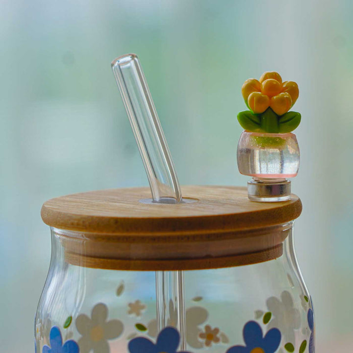 Cute Printed "Floral" Theme Glass Tumbler With Straw For Kids