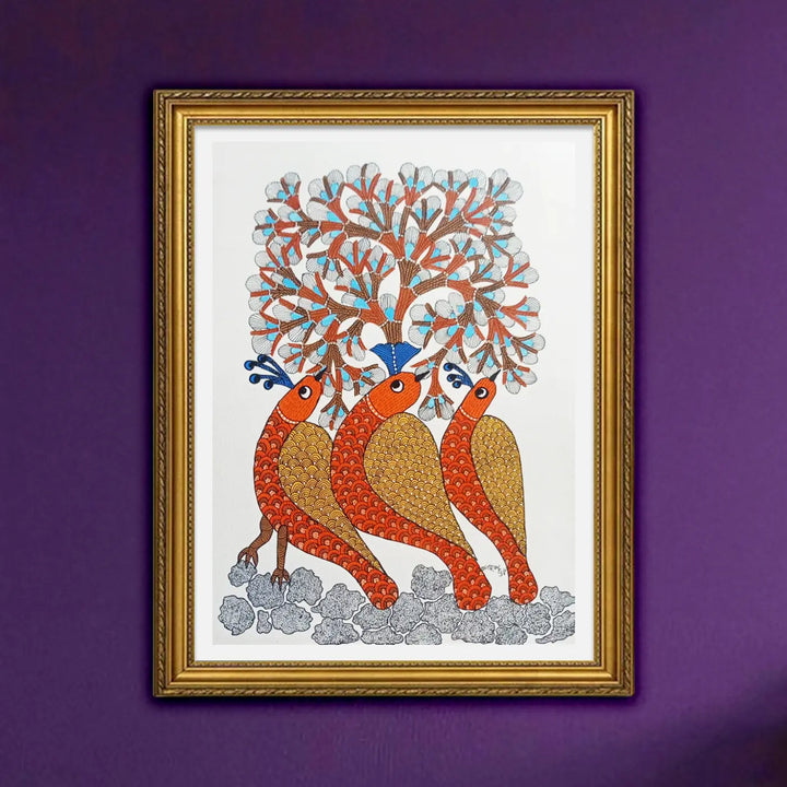 11 x 16 Inch | Birds Trio | Original Hand Painted Tribal Gond Art Painting | Acrylic Paint On Paper