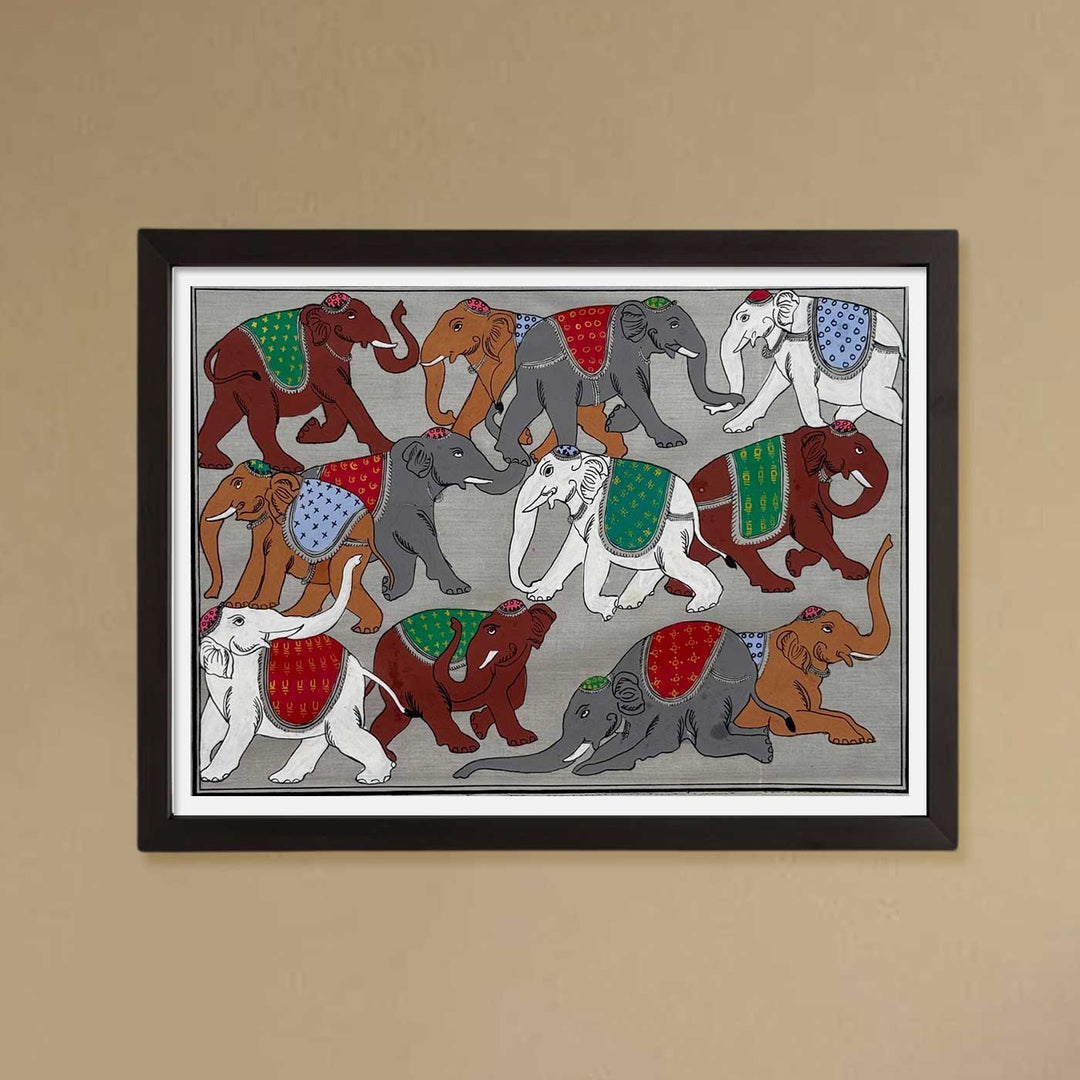 16 X 12 Inch | Handmade Silk Elephant Herd Painting