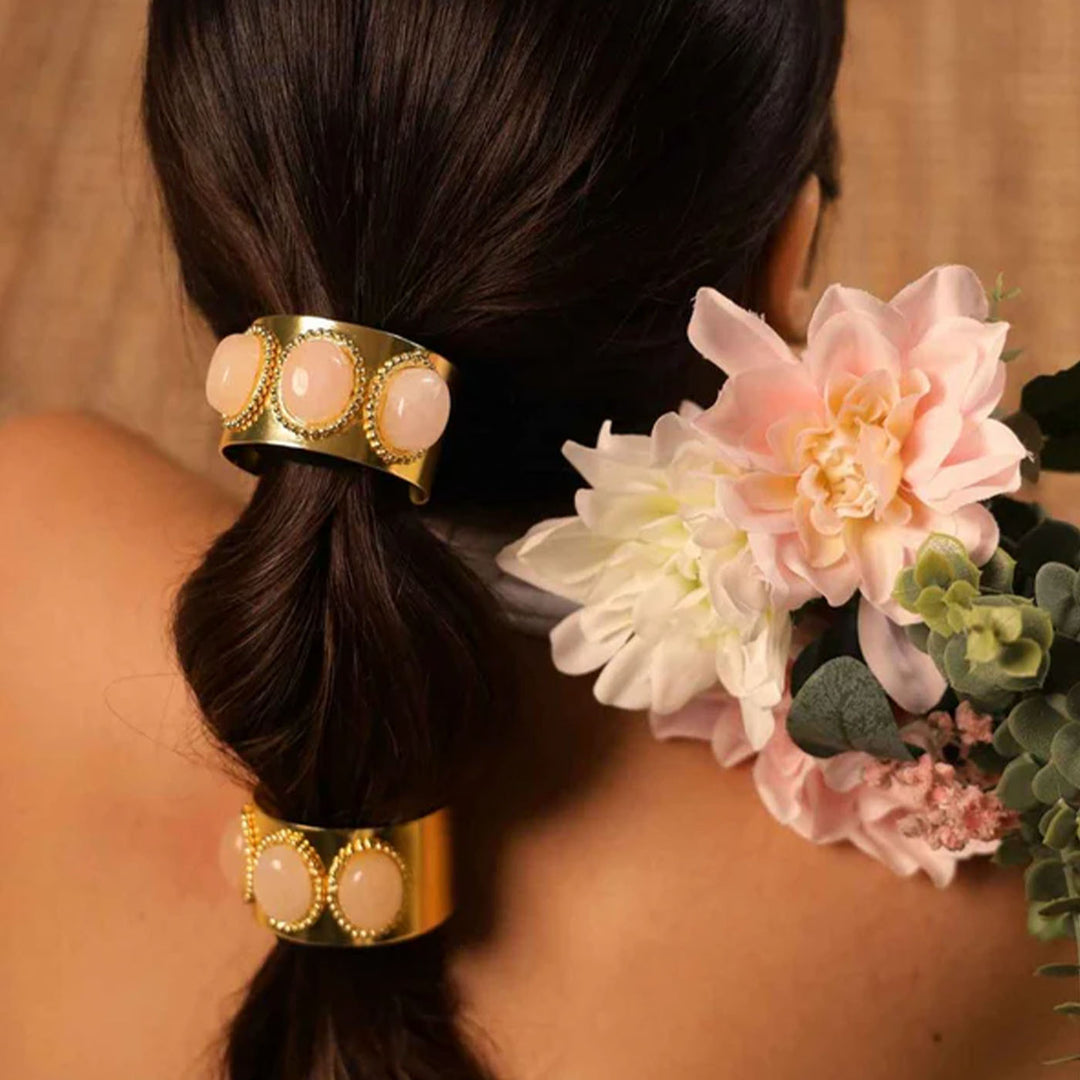 Statement Rose Quartz & 18k Gold Plated Brass Ponytail Cuff Hair Tie
