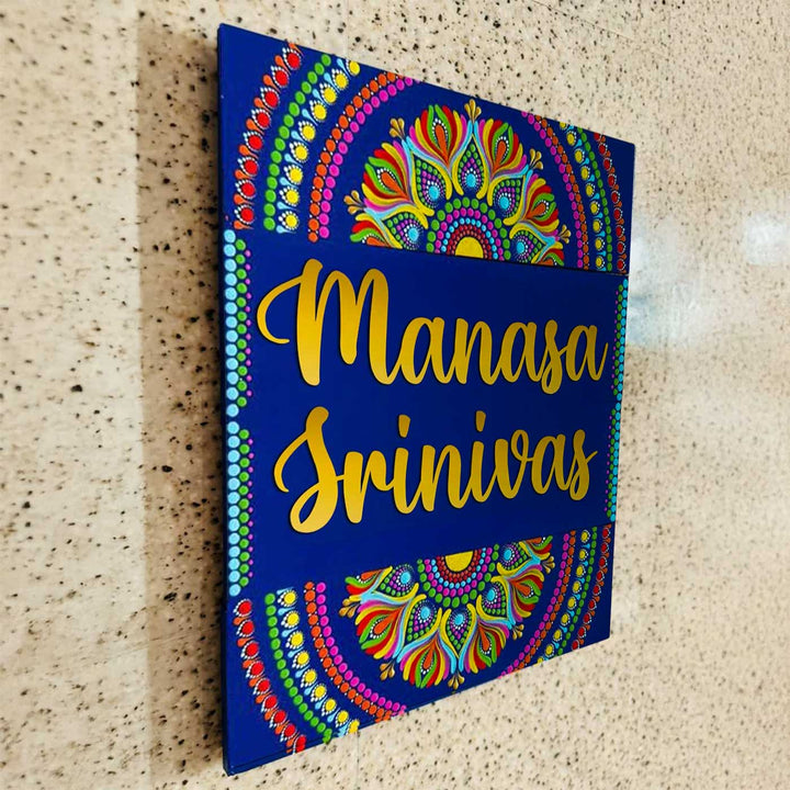 Personalized Hand-Painted Dot Mandala Blue Mdf Wood Name Plate