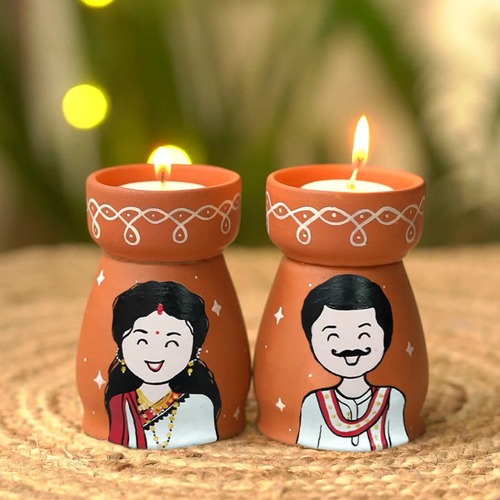 Hand-Painted Bengali Couple Terracotta Tealight Holder | Set Of 2