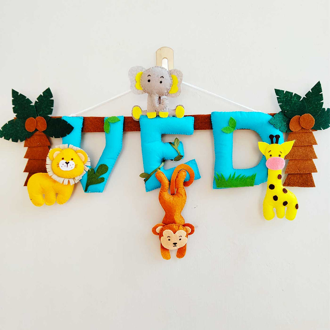 Personalized Blue Jungle Theme Felt Kids Name Plate