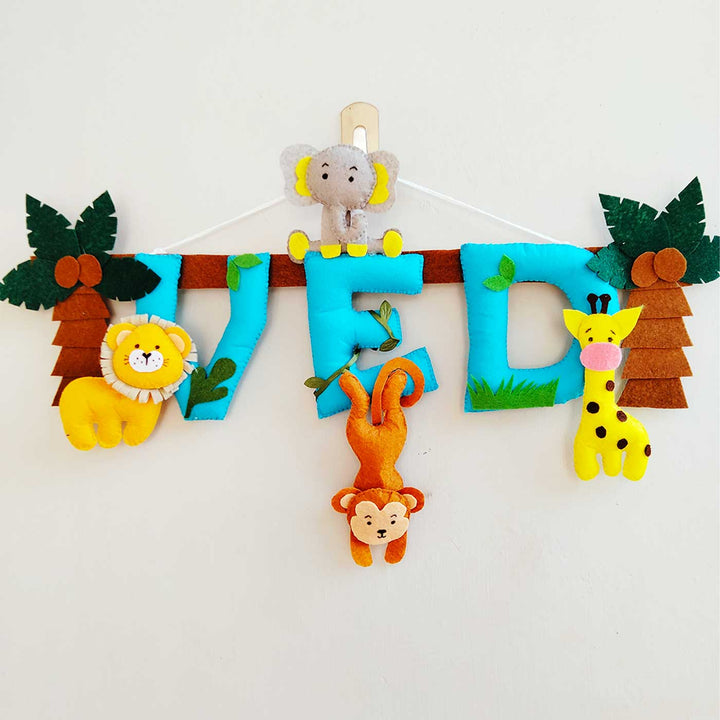 Personalized Blue Jungle Theme Felt Kids Name Plate