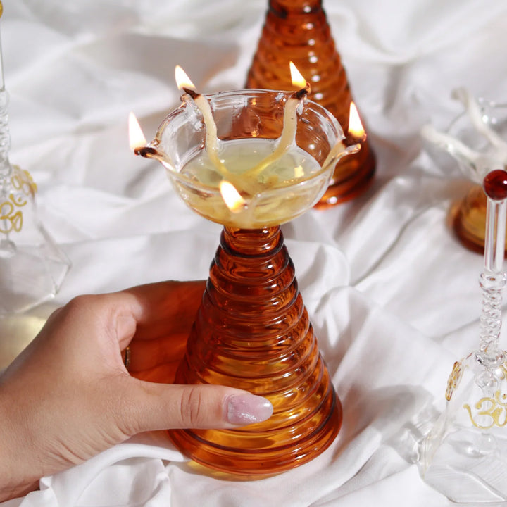 Handmade Festive Borosilicate Glass Diya & Bell Gift Hamper | Set Of 3