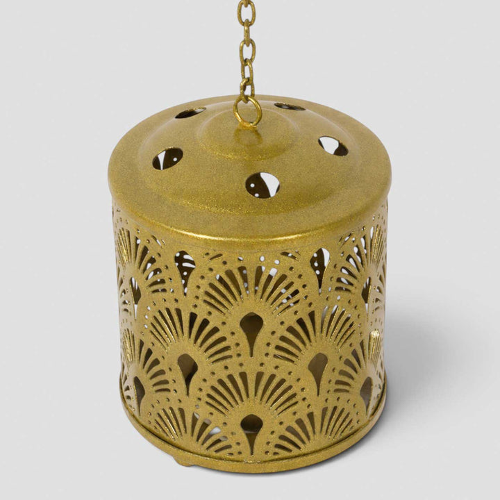 Handmade Gold Round Flower Etched Hanging Metal Tealight Holder For Festive Decor