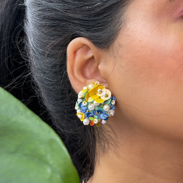 Hand Embroidered Beaded Multicolor Bloom Theme Cotton Earrings