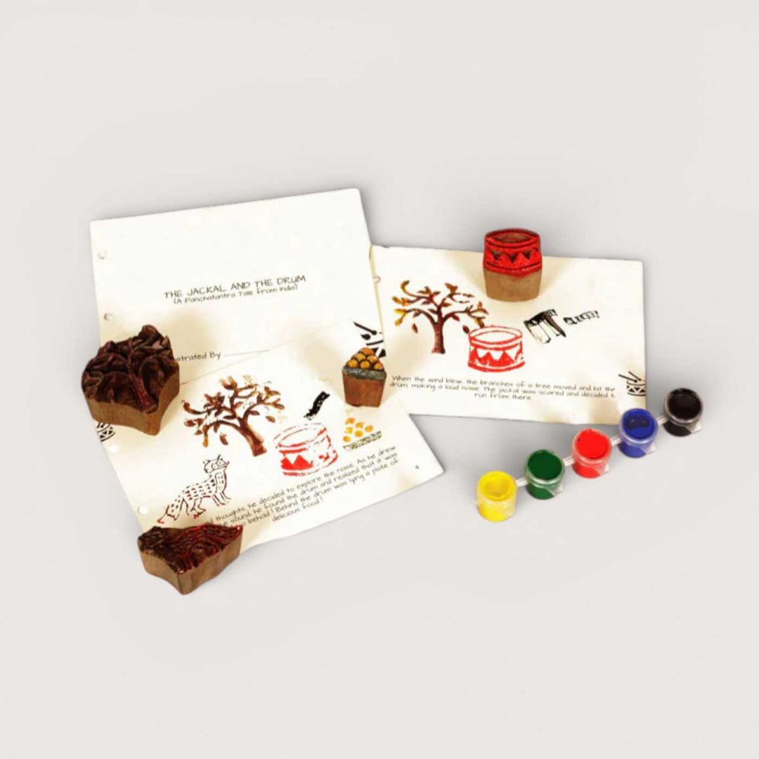 The Jackal and The Drum Panchatantra Block Printing DIY Kit | 5 Stamps, Poster Colours, Painting Brush, Printing Pads, Story Cards  And Jute String