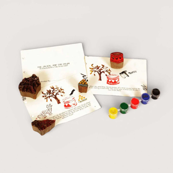 The Jackal and The Drum Panchatantra Block Printing DIY Kit | 5 Stamps, Poster Colours, Painting Brush, Printing Pads, Story Cards  And Jute String