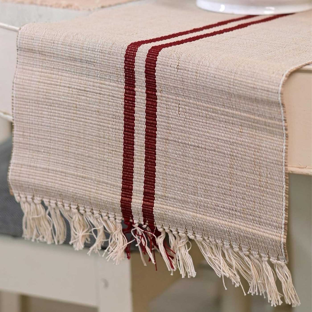 Hand Woven Double Maroon Stripped Madhurkati Table Runner