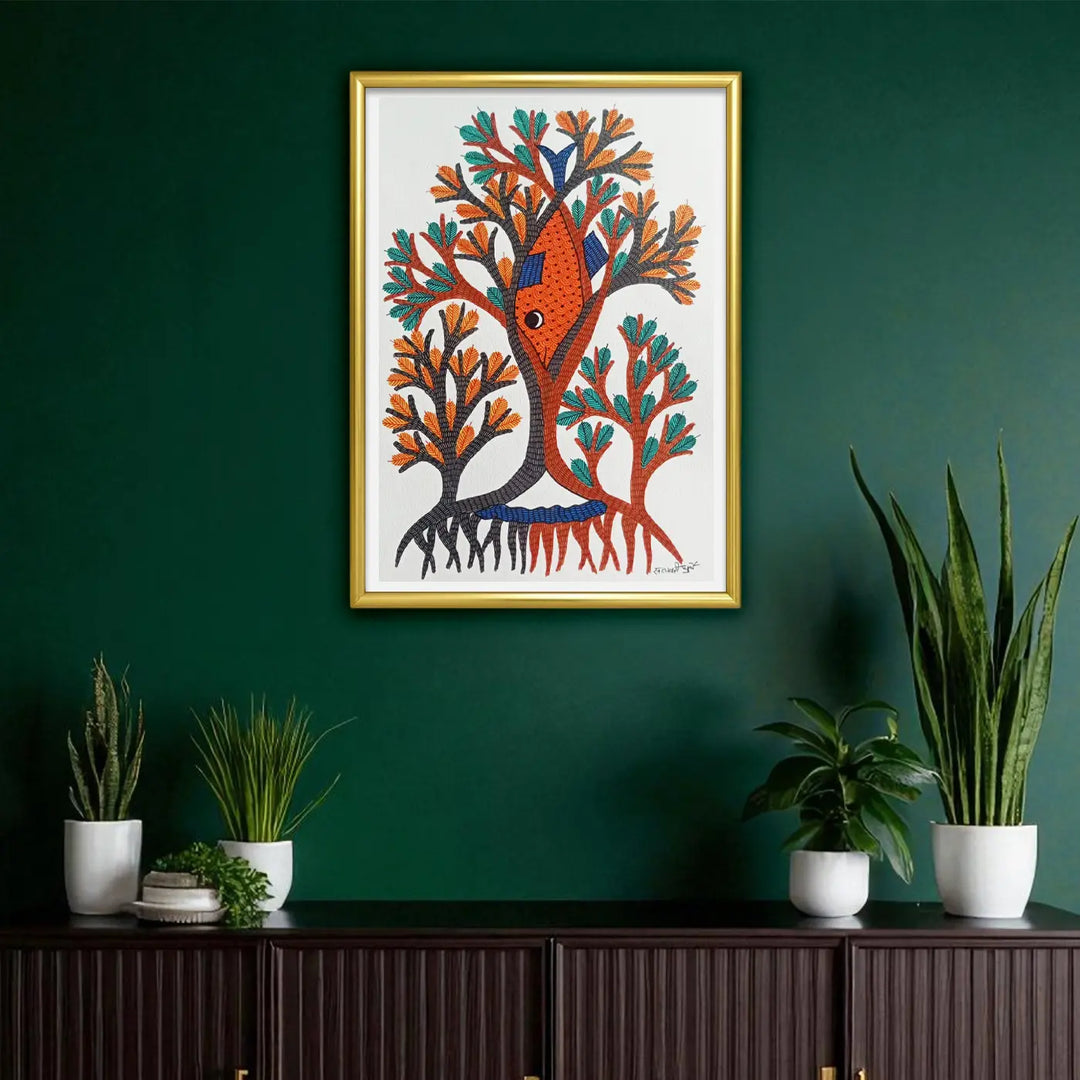 11 x 16 Inch | Fish Among Trees | Original Hand Painted Tribal Gond Art Painting | Acrylic Paint On Paper