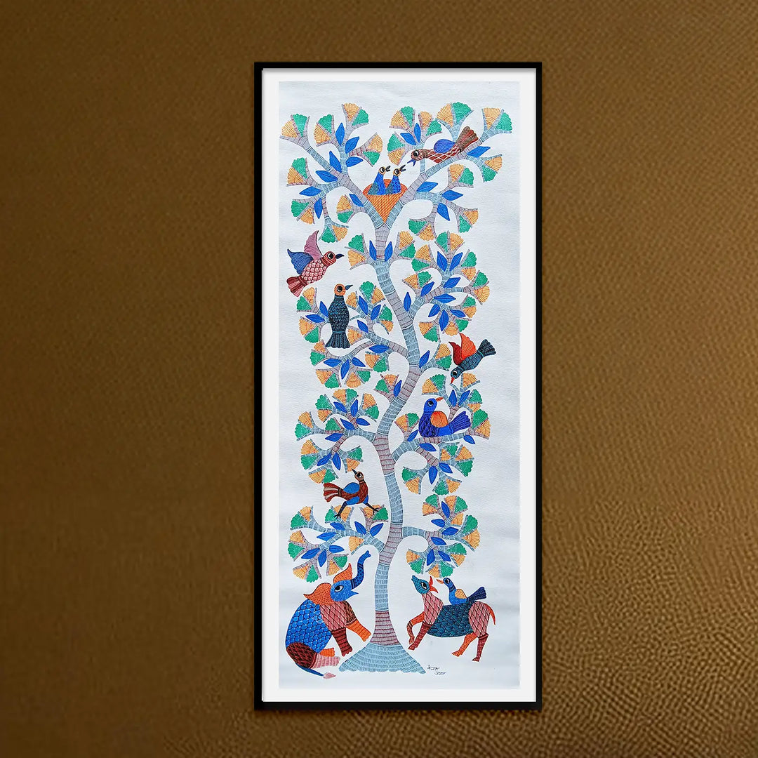 16 x 36 Inch | Birds & Animals In Tree | Original Hand painted Tribal Gond Art Painting | Acrylic Paints On Canvas