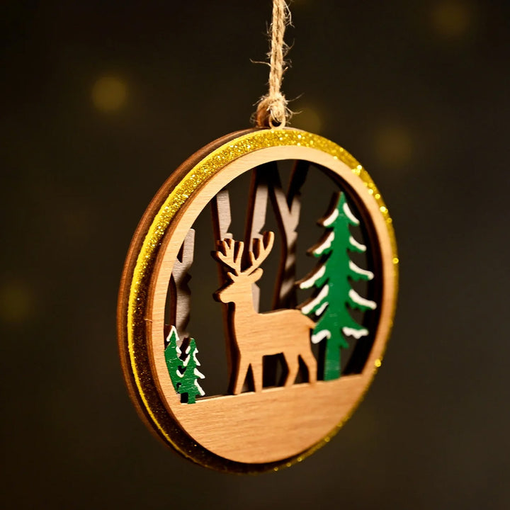 Laser Cut Reindeer & Xmas Tree Wooden Ornament For Christmas Decoration