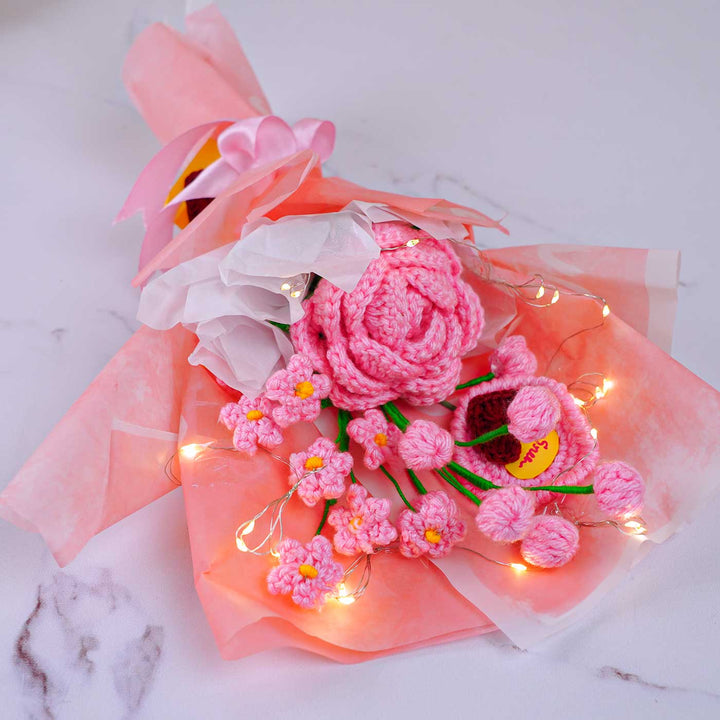 Handmade Crochet Rose Theme Flower Bouquet With Lights