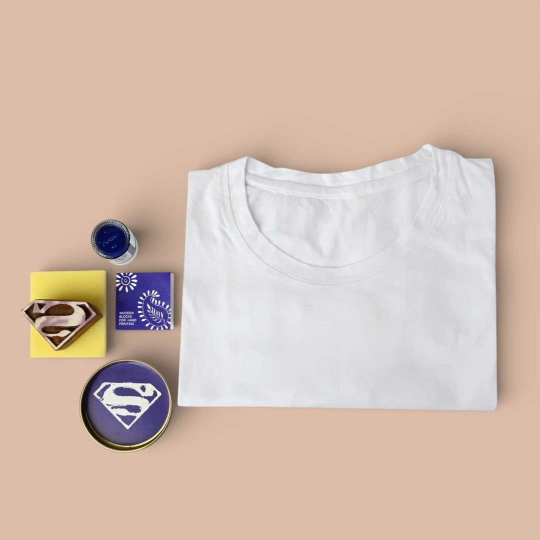 Superman Design T-shirt Block Print DIY Kit | 1 White Cotton T-shirt, 1 Fabric Paint And 1 Wooden Block