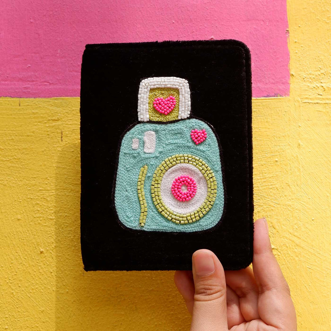 Handmade Embroidered Camera Design Velvet Passport Cover