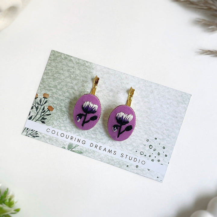 Hand Embroidered Lilac Lustre Golden Tone Earrings