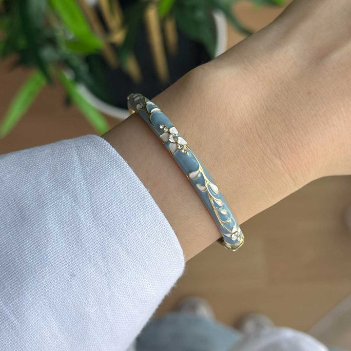 Handcrafted Floral Enamel Crystal Studded 18K Gold Plated Stainless Steel Openable Bangle - Sky Blue