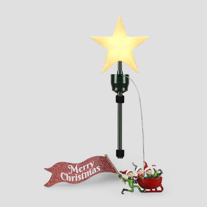 Reusable Animated Elves On The Run Tree Topper With Banner And Light