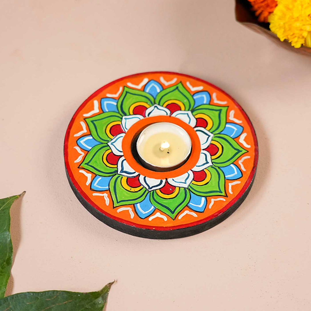 Handmade Multicolour Lotus Wooden Tealight Holder