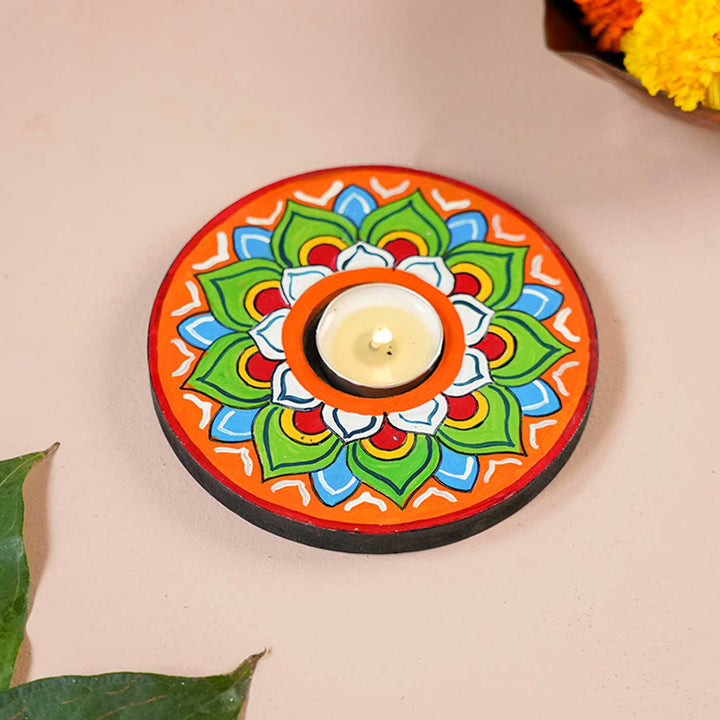 Handmade Multicolour Lotus Wooden Tealight Holder