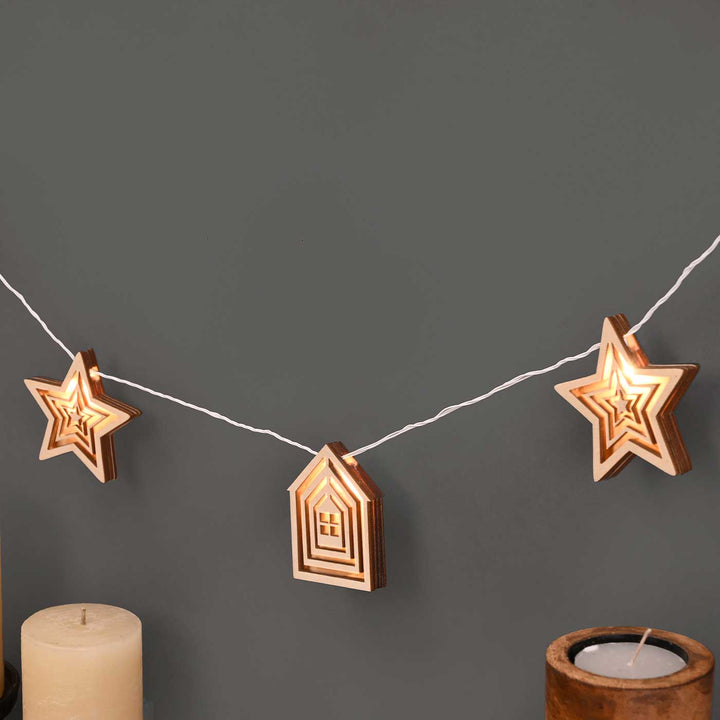 Decorative Birch Wood 3D Jonah House & Star Fairy Light