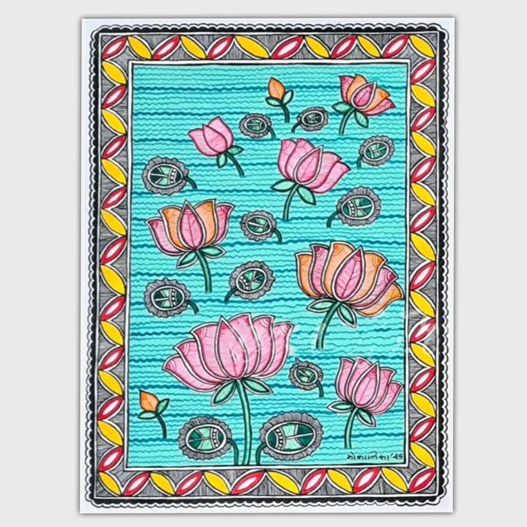 8 x 11 Inch | Petals & Ripples | Original Hand Painted Madhubani Painting On Paper