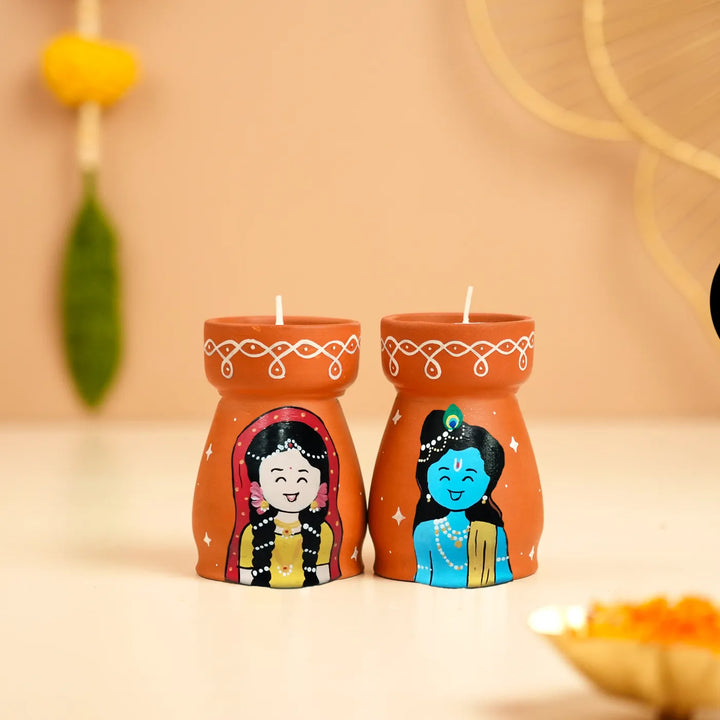 Hand-Painted Radha Krishna Terracotta Tealight Holder | Set Of 2