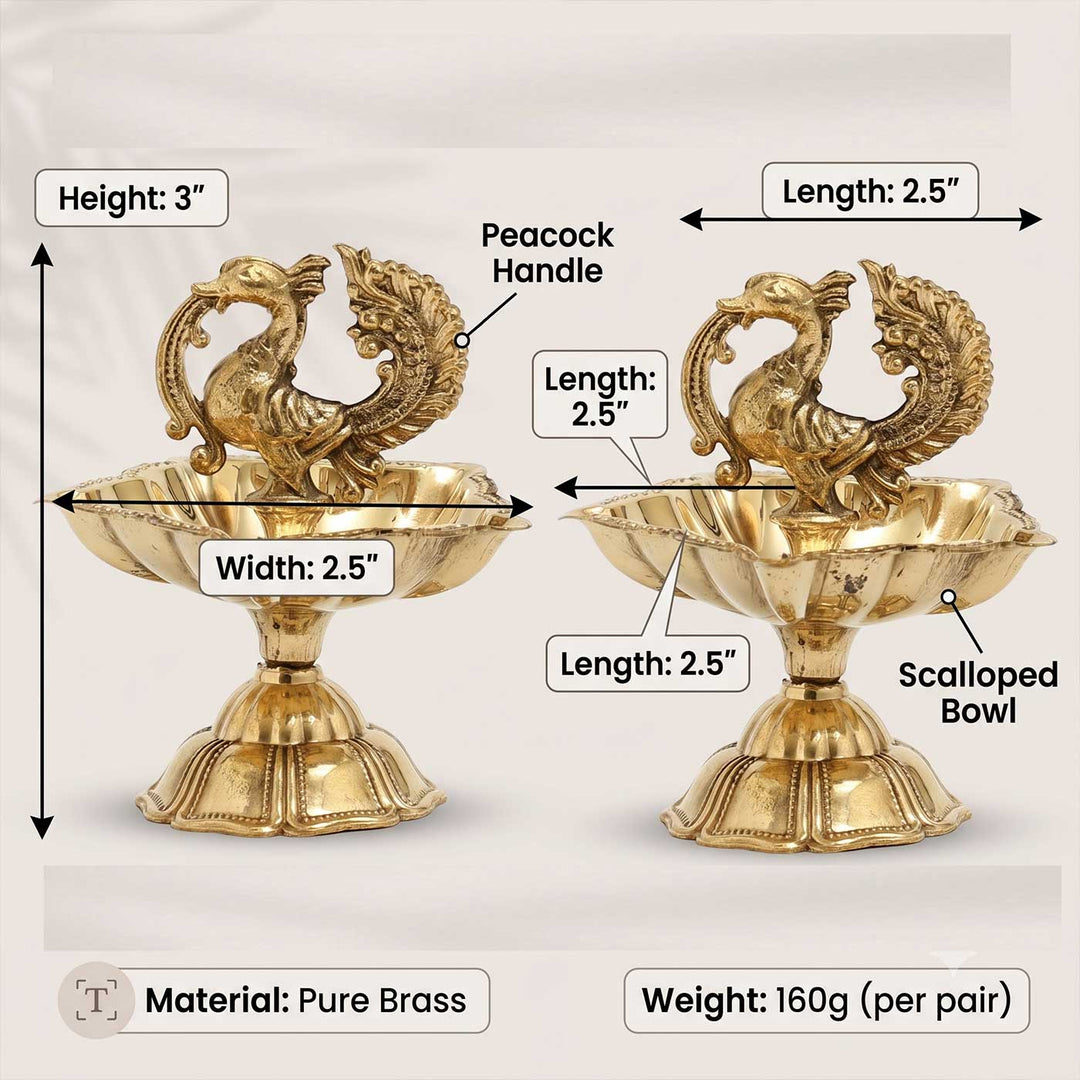 2 pc | Peacock Brass Oil Lamp With Stand For Festive Decor
